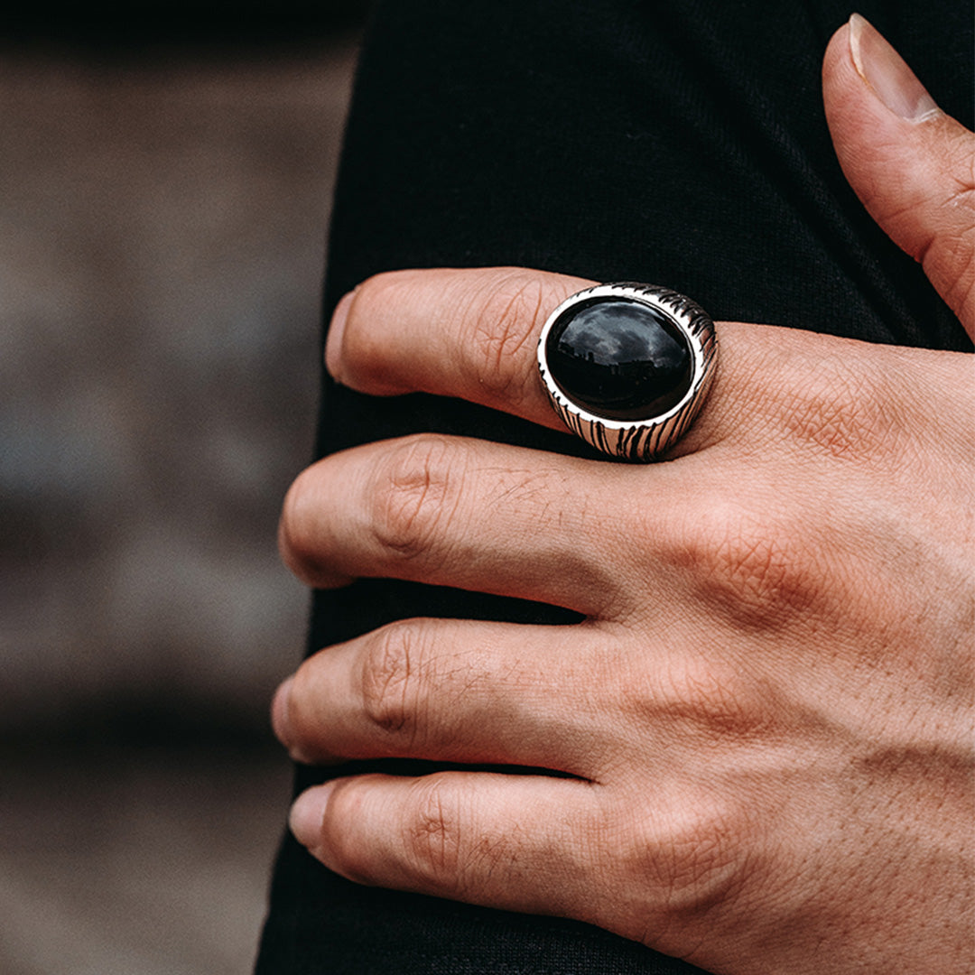 Handcrafted Silver Black Agate Wood Grain Ring