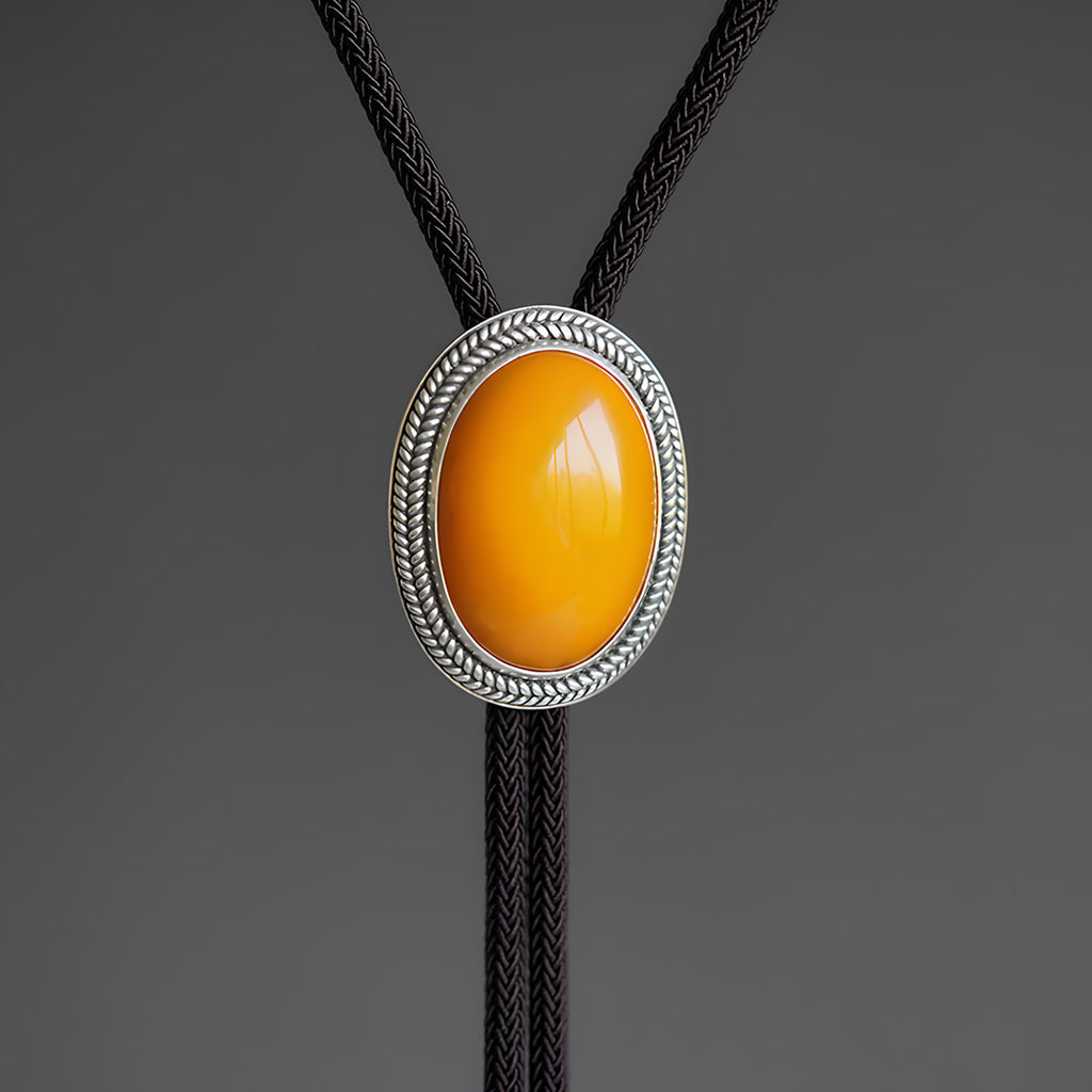 Silver Inlay Top-Grade Amber Cabochon Bolo Tie