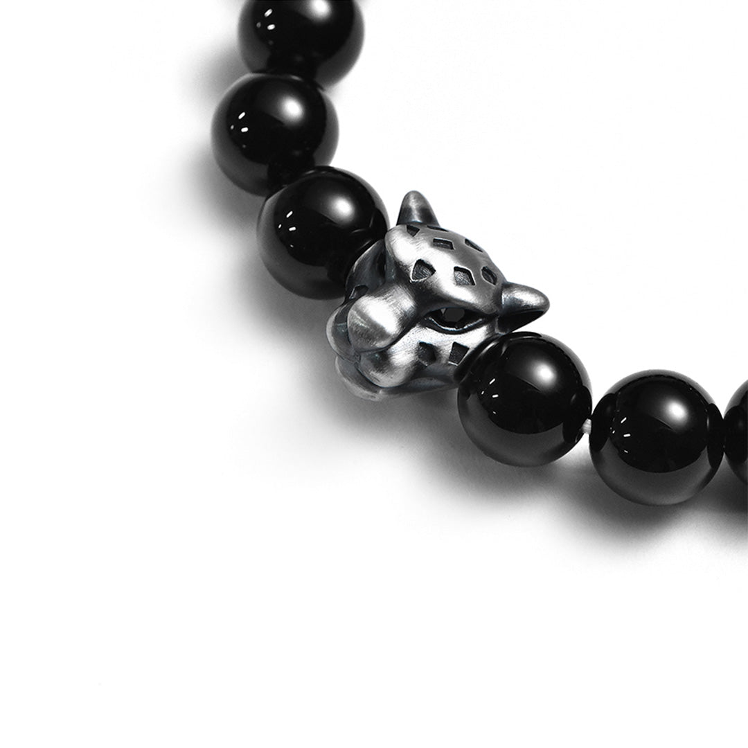 Tibetan Leopard Panther Obsidian Silver Men's Bracelet