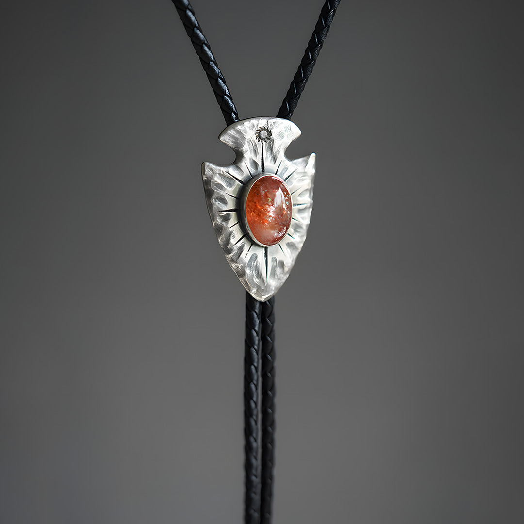 Unique Silver Bolo Tie Inlay with Natural Sunstone