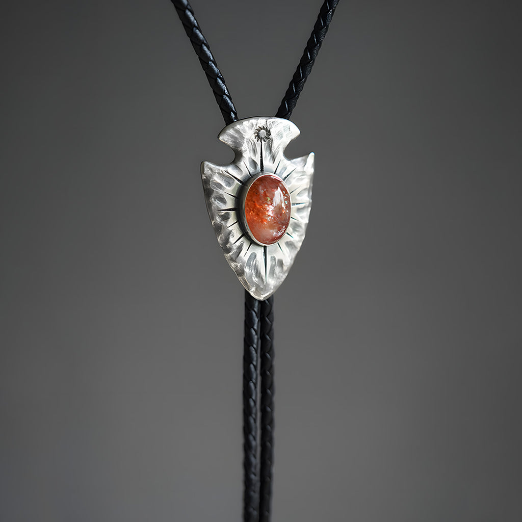 Unique Silver Bolo Tie Inlay with Natural Sunstone