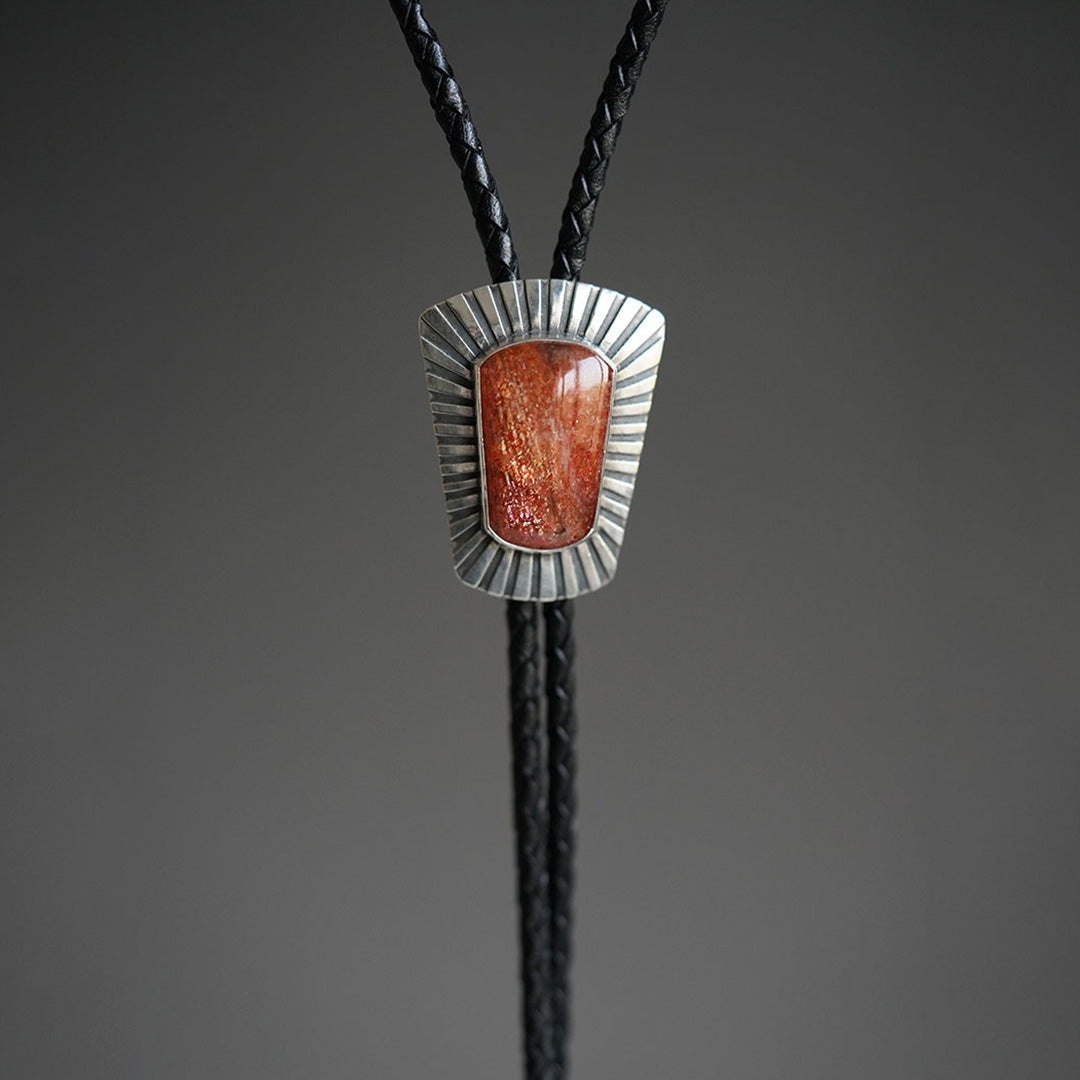 Square Sunstone Silver Bolo Tie For Men