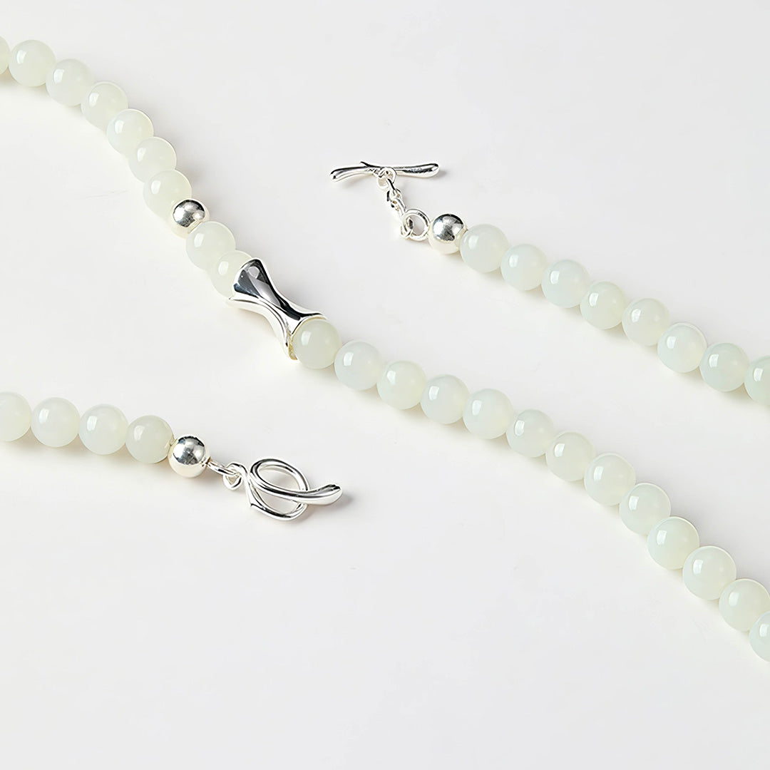 Lustrous Round White Jade 925 Silver Delicate Chain