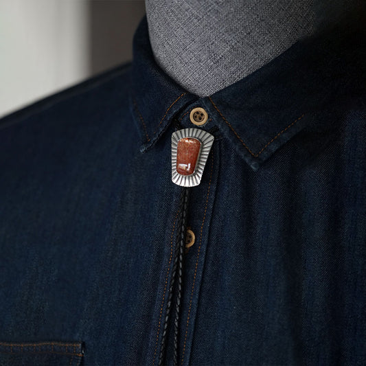 Square Sunstone Silver Bolo Tie For Men