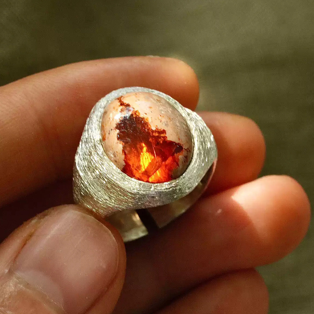 Mexican Fire Opal Silver Brushed Ring