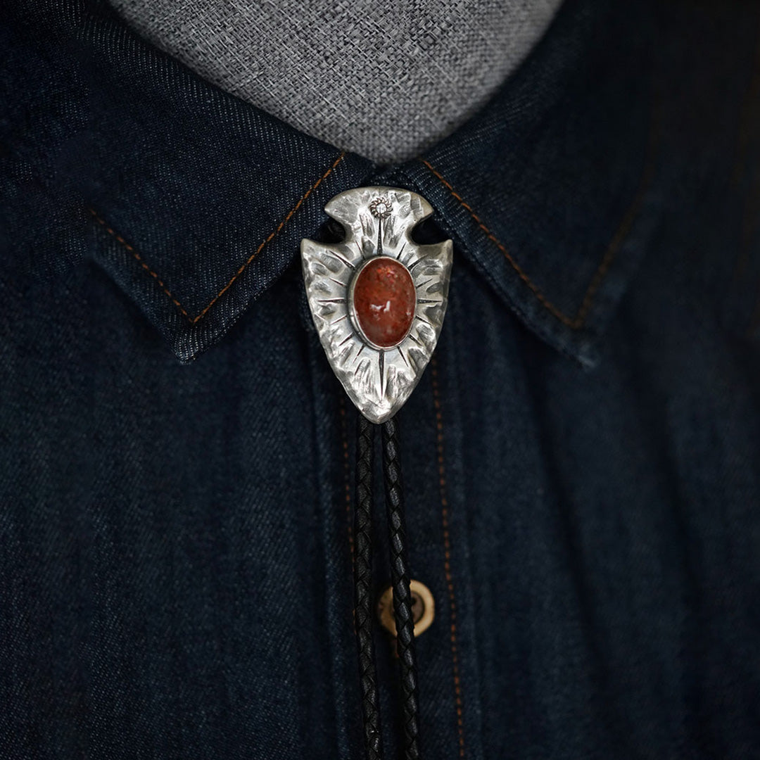Unique Silver Bolo Tie Inlay with Natural Sunstone