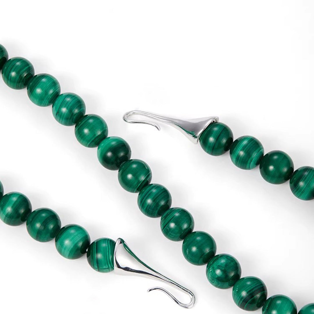 Raw Malachite Necklace 925 Silver Beaded Chain