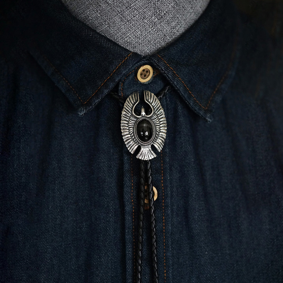 Eagle Soars- Black Diopside  Silver Bolo Tie