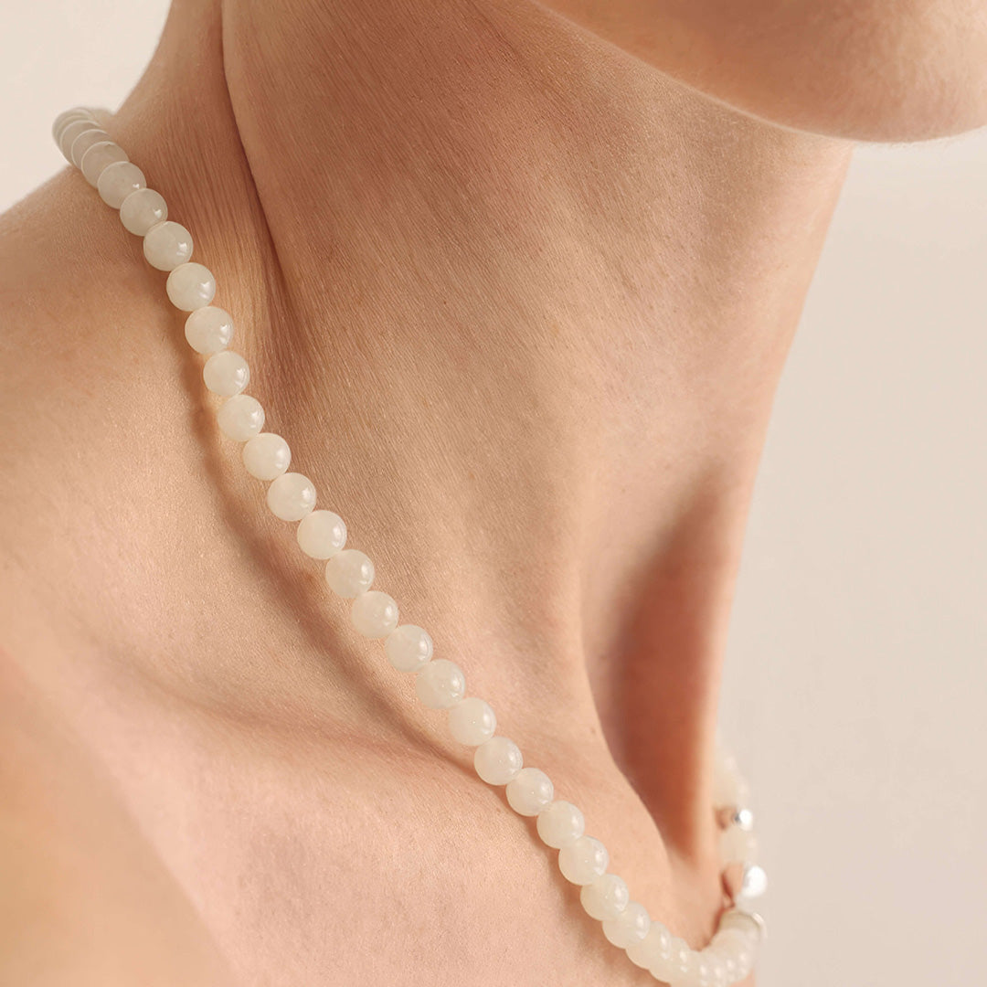 Lustrous Round White Jade 925 Silver Delicate Chain