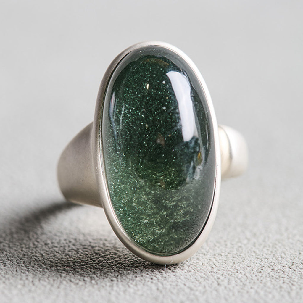 Natural Green Phantom Quartz Cabochon Open Ring