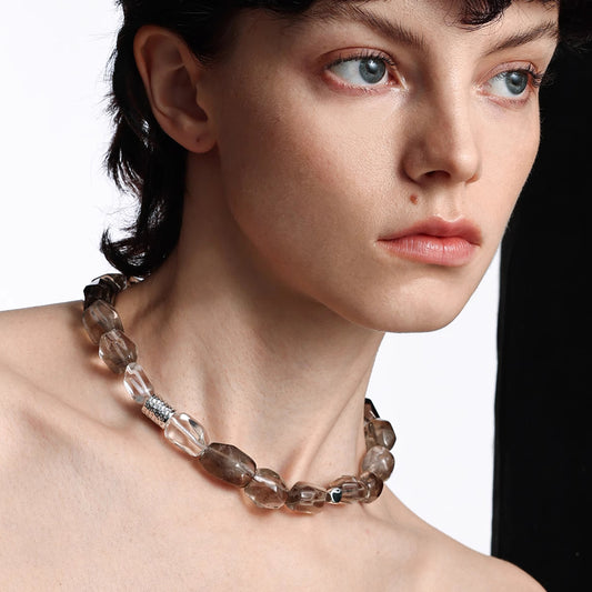 Smoky Quartz and Clear Quartz 925 Silver Beaded Necklace