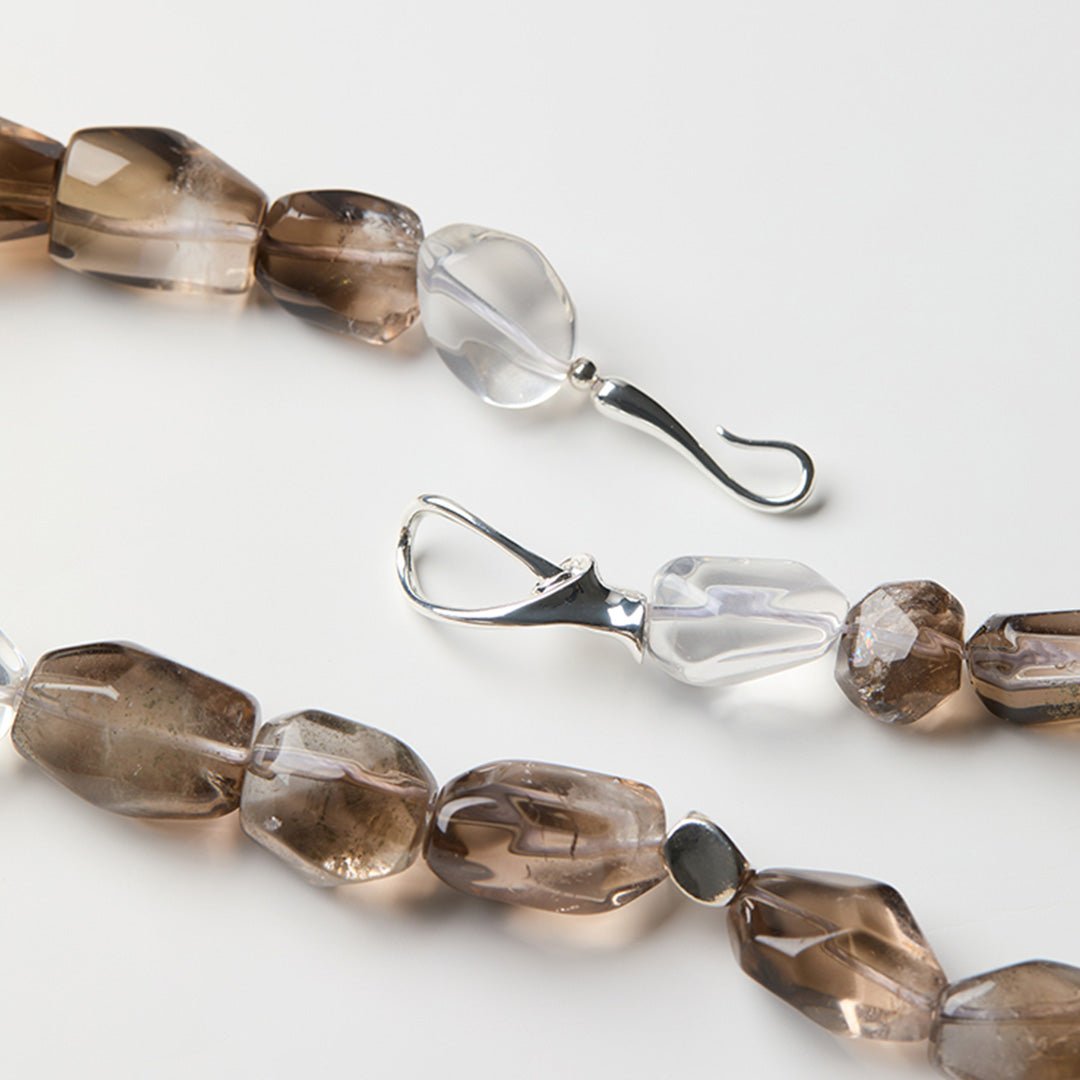 Smoky Quartz and Clear Quartz 925 Silver Beaded Necklace