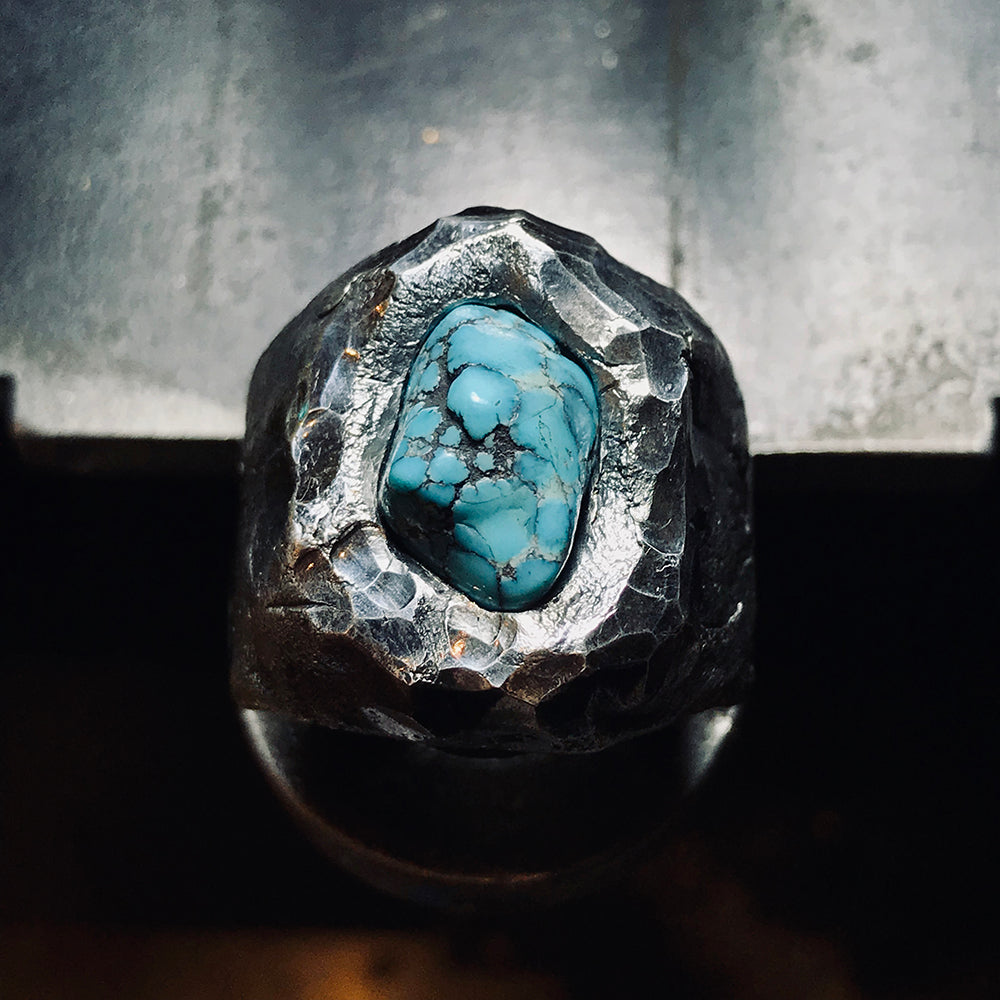 Savage Heart Raw Turquoise Sterling Hand-Engraved Name Silver Ring