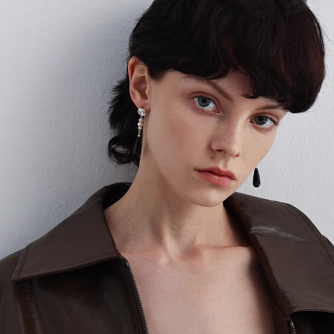 Black Onyx Teardrop Pearl 925 Silver Earrings