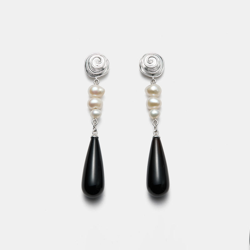 Black Onyx Teardrop Pearl 925 Silver Earrings