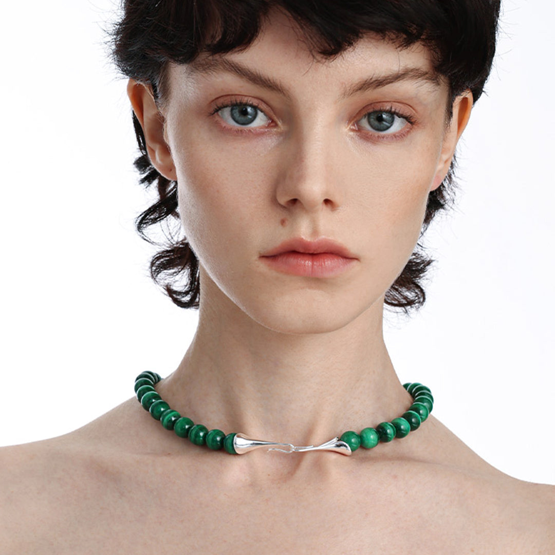 Raw Malachite Necklace 925 Silver Beaded Chain
