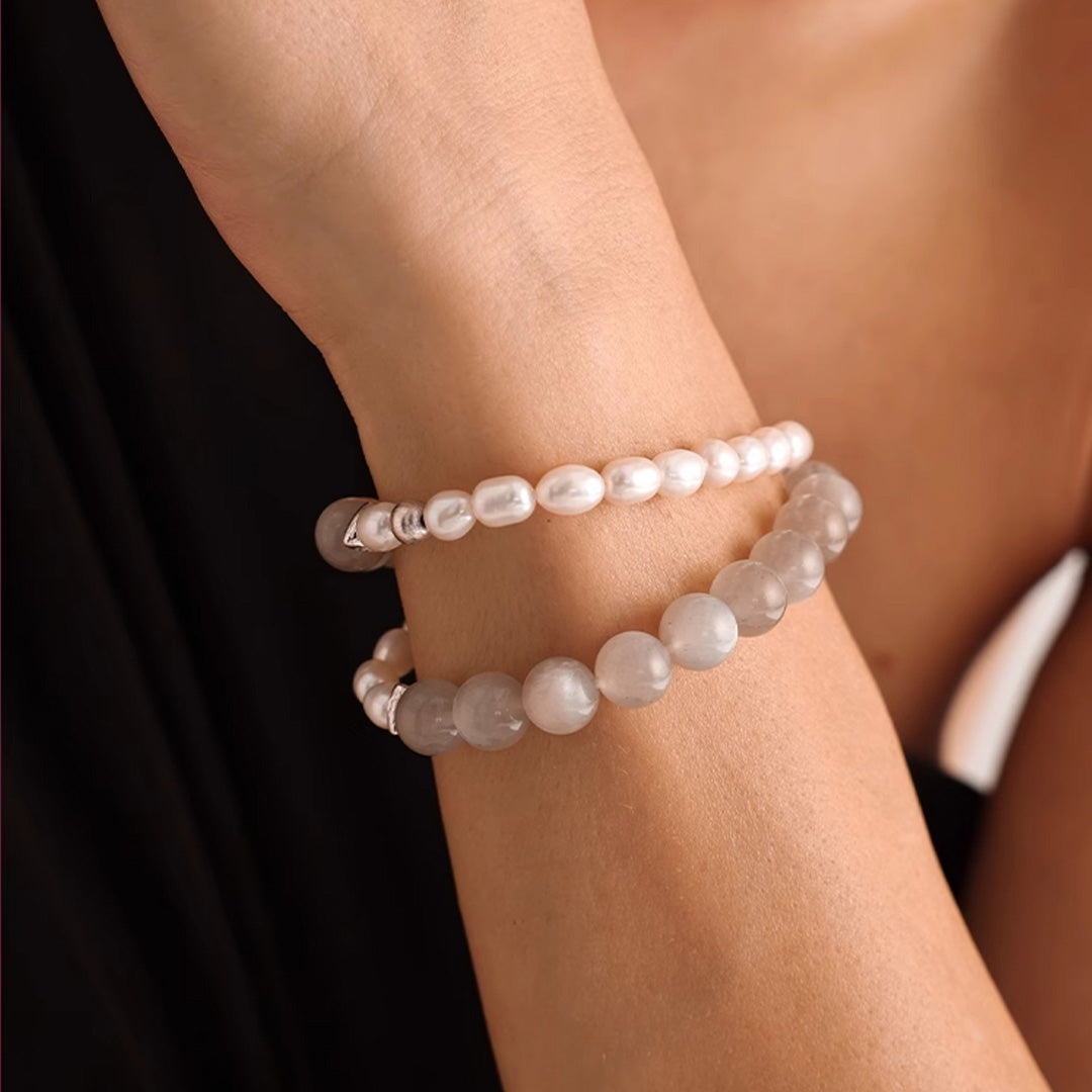 Freshwater Pearl Grey Moonstone Double Strand Bracelet