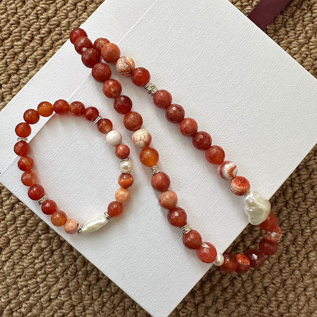 Nature Agate Baroque Freshwater Pearl Bead Necklace Jewelry Set