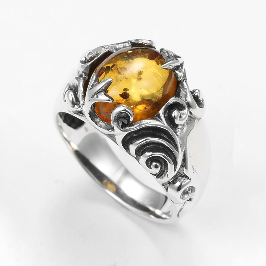Floral Carved Amber  925 Sterling Silver Ring