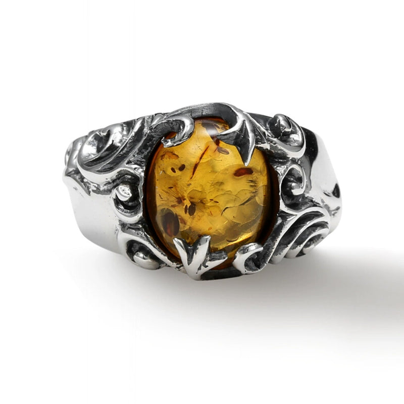 Floral Carved Amber  925 Sterling Silver Ring
