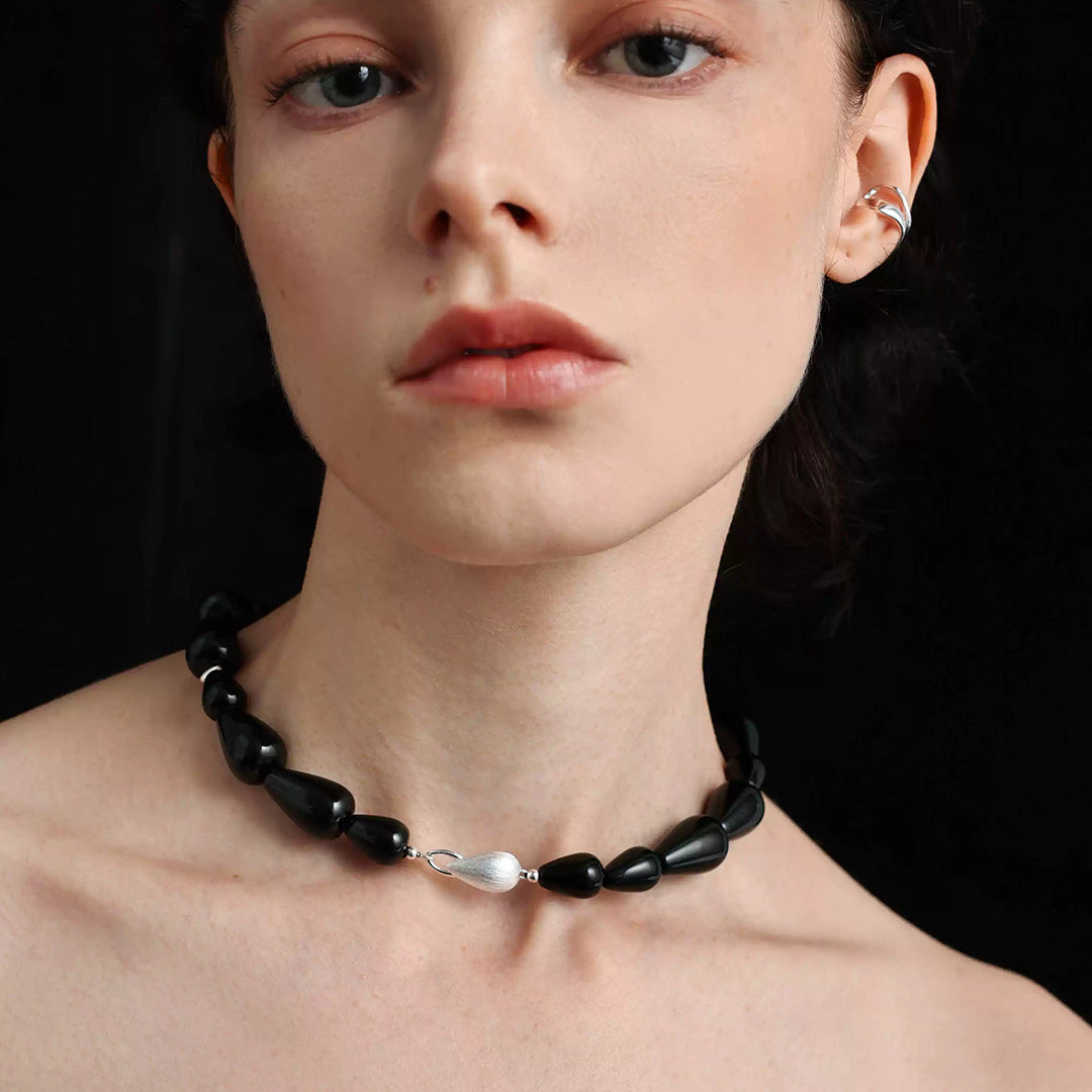 Minimalist Gradient Black Onyx  Bead Choker Jewelry Set