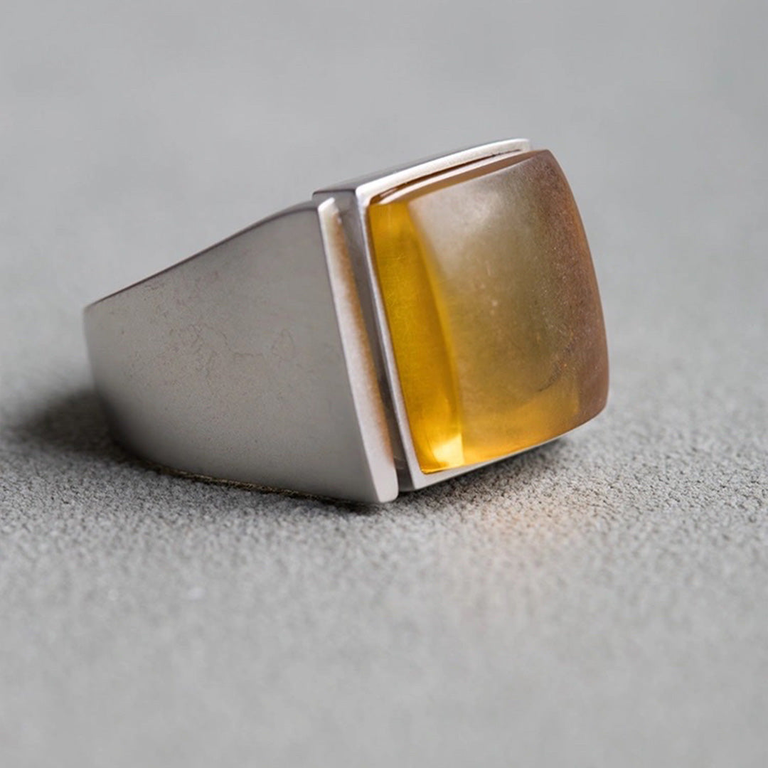 Immortal Treasure  Fossil Amber Chunky Square Ring
