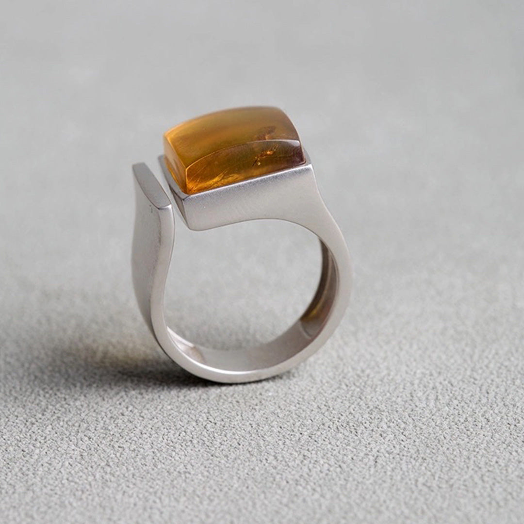 Immortal Treasure  Fossil Amber Chunky Square Ring