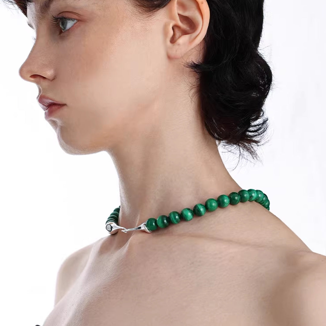Raw Malachite Necklace 925 Silver Beaded Chain