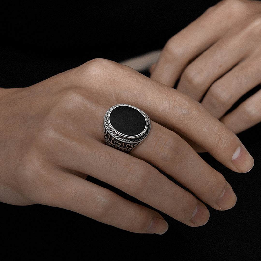 Natural Black Agate Silver Bold Ring for Men