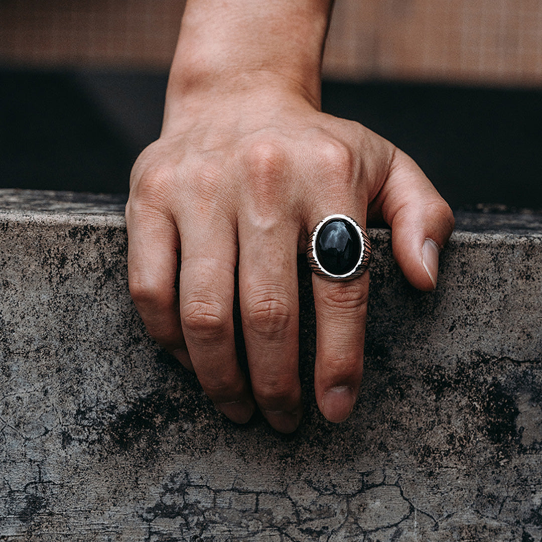 Handcrafted Silver Black Agate Wood Grain Ring