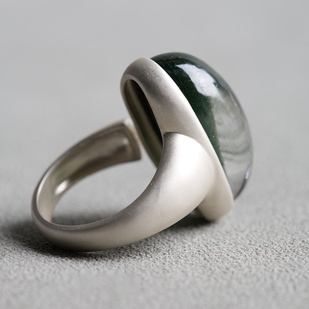 Natural Green Phantom Quartz Cabochon Open Ring