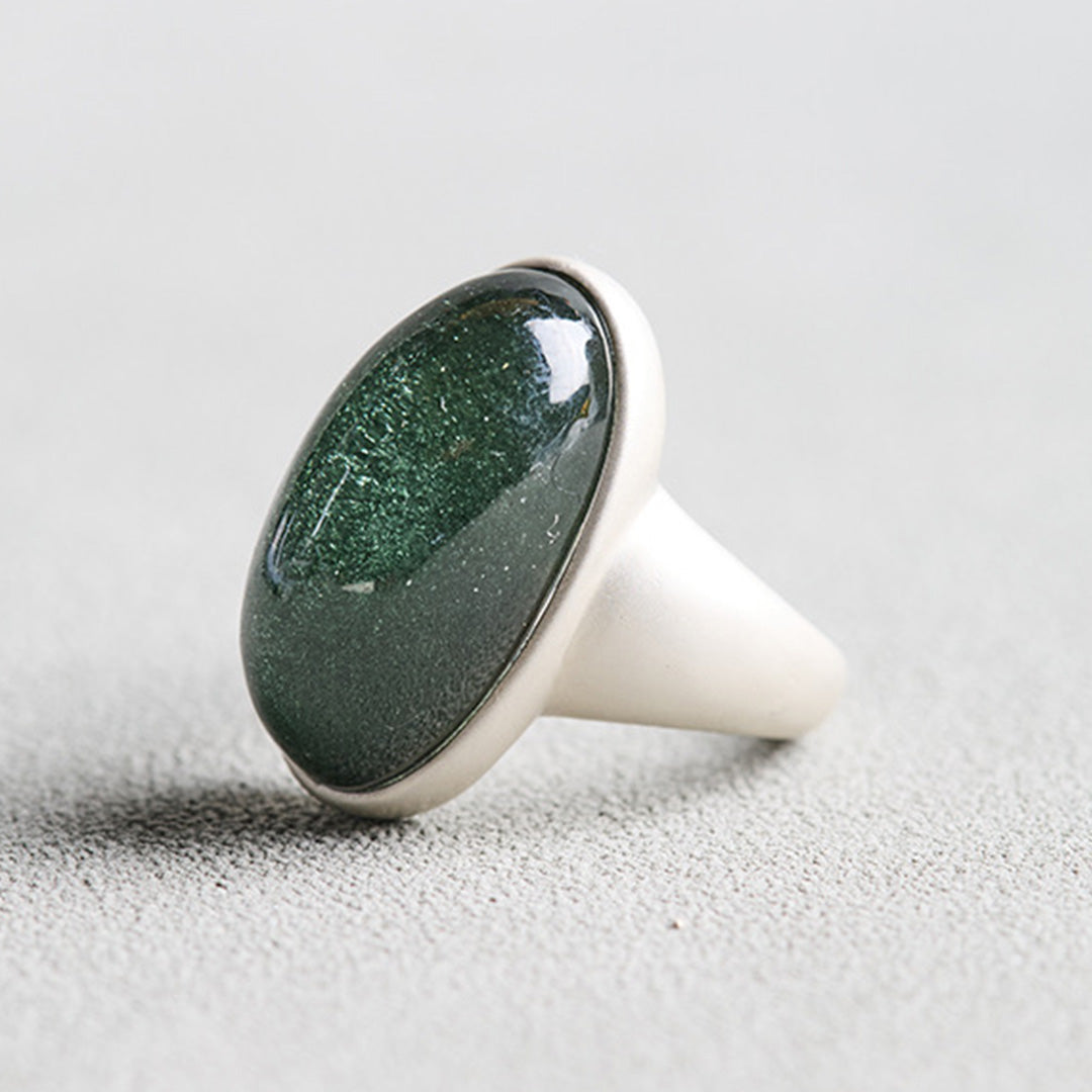Natural Green Phantom Quartz Cabochon Open Ring