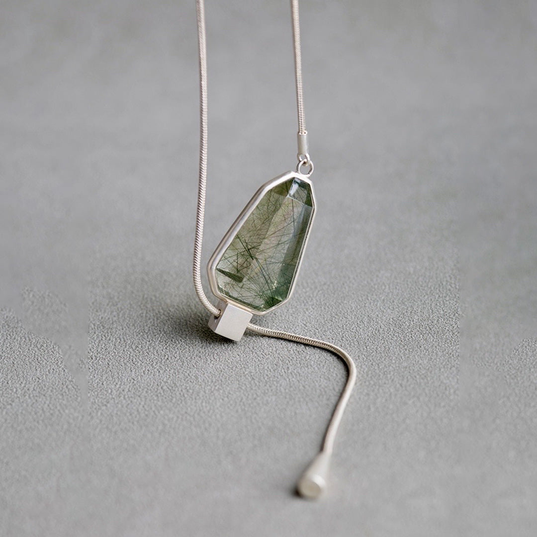 Vision Quest Rare Clear Green Rutilated Quartz Lariat Necklace