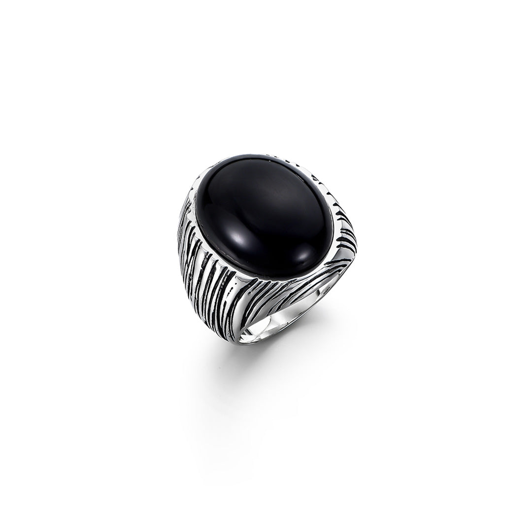 Handcrafted Silver Black Agate Wood Grain Ring