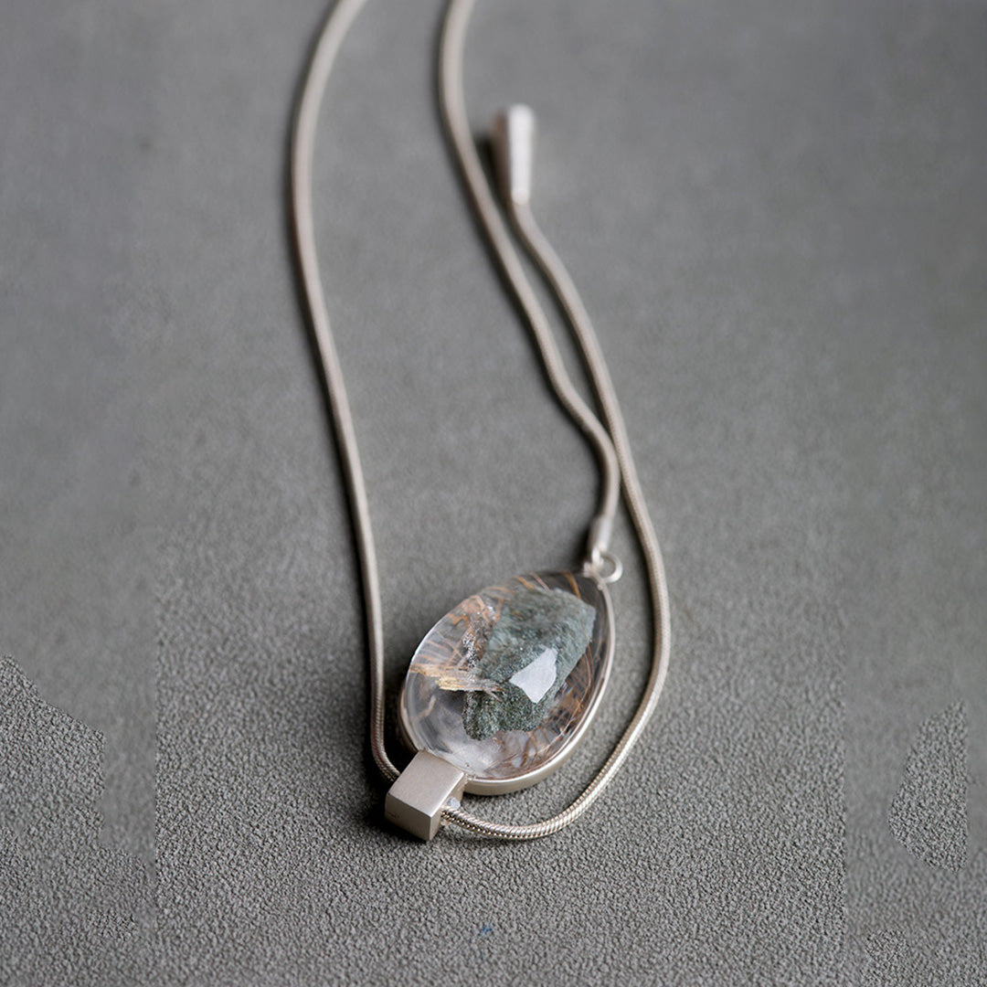 Dune Oasis Phantom and Rutilated Quartz Symbiosis Lariat Necklace