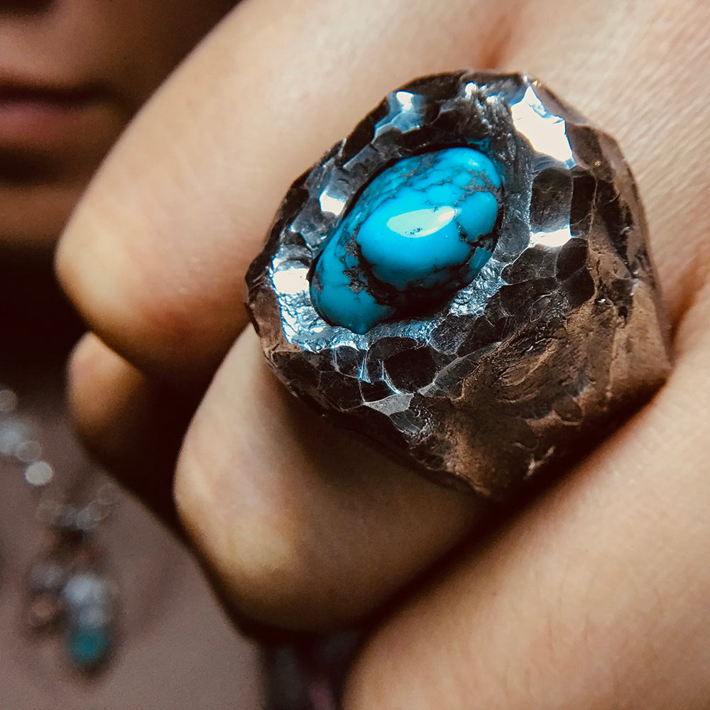 Savage Heart Raw Turquoise Sterling Hand-Engraved Name Silver Ring