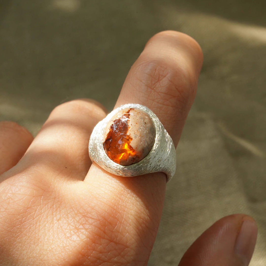 Mexican Fire Opal Silver Brushed Ring