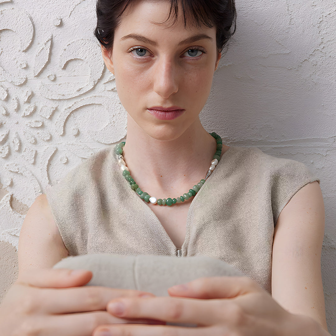 Moonlit Jade & Moonstone Beaded Pearl Necklace