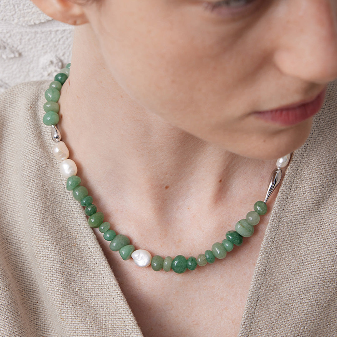 Moonlit Jade & Moonstone Beaded Pearl Necklace