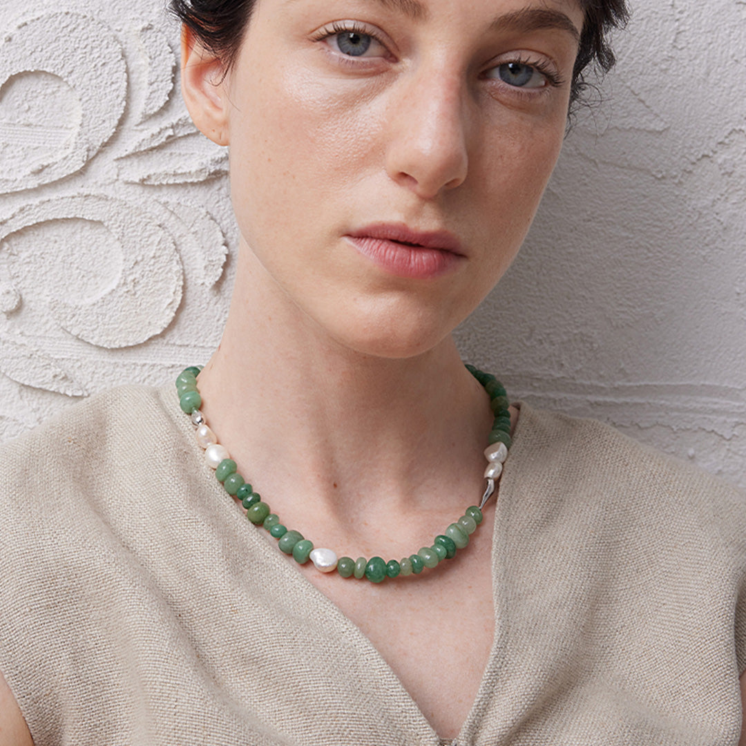 Moonlit Jade & Moonstone Beaded Pearl Necklace