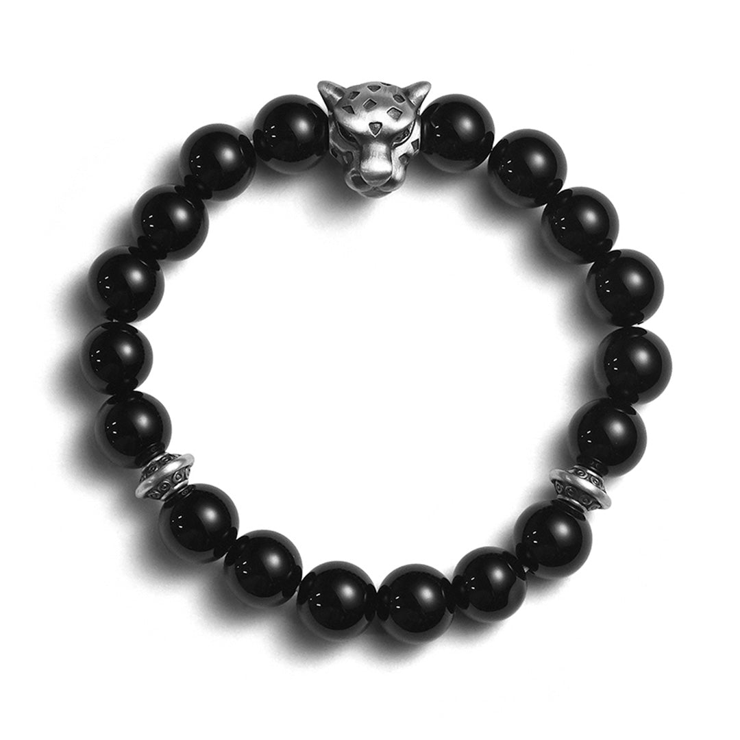 Tibetan Leopard Panther Obsidian Silver Men's Bracelet