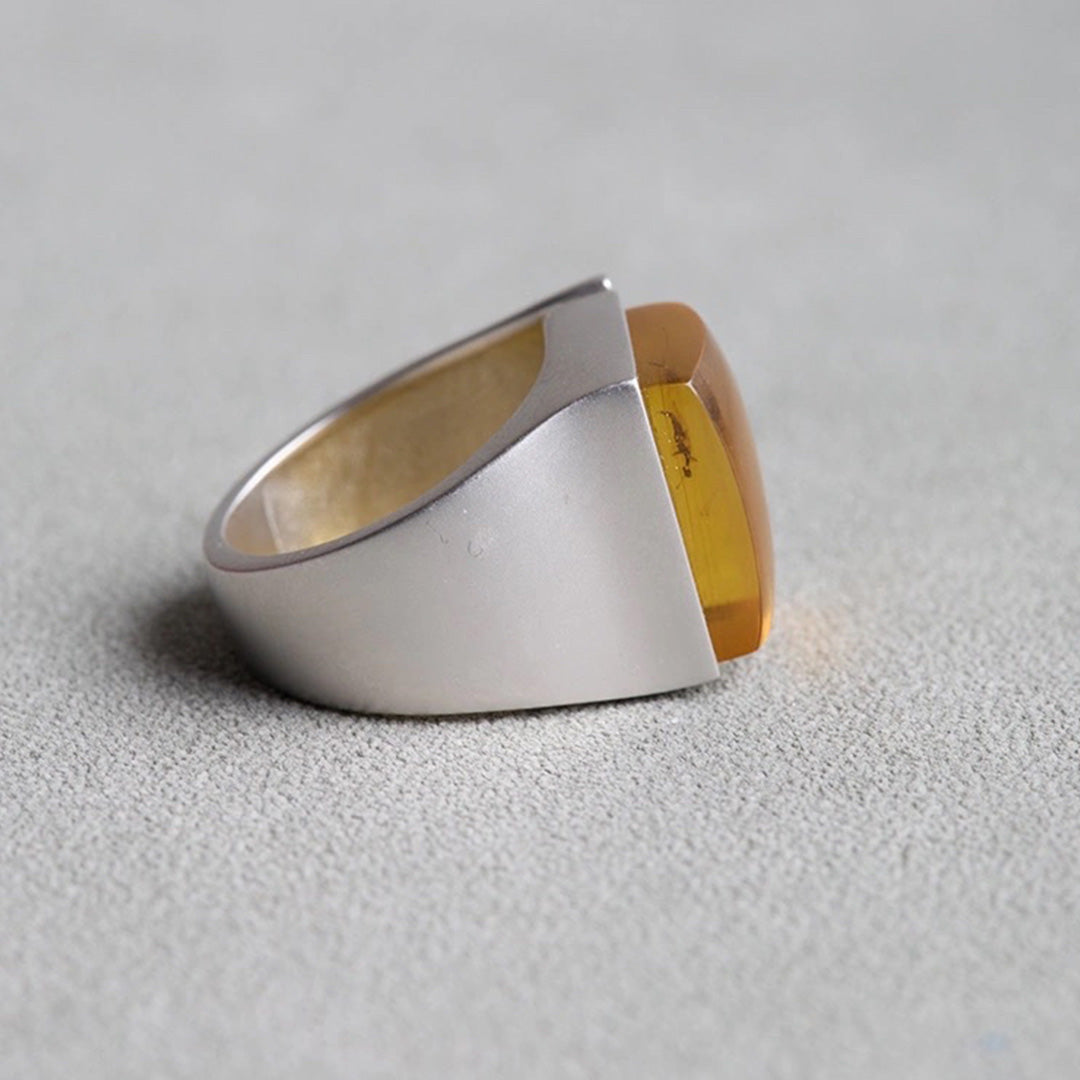 Immortal Treasure  Fossil Amber Chunky Square Ring