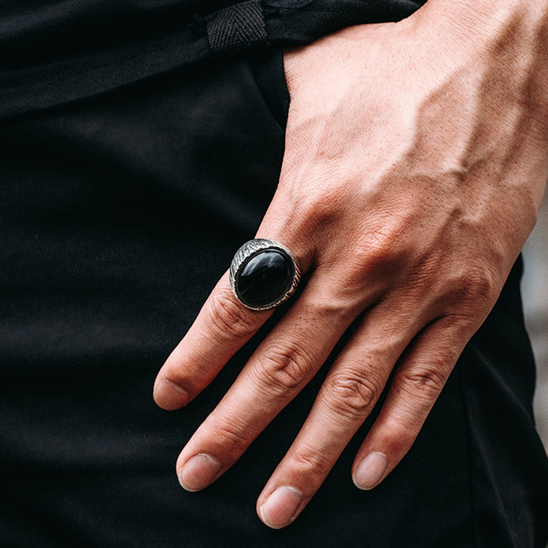 Handcrafted Silver Black Agate Wood Grain Ring