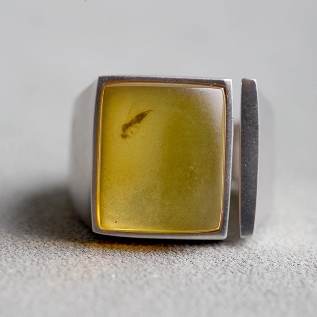 Immortal Treasure  Fossil Amber Chunky Square Ring