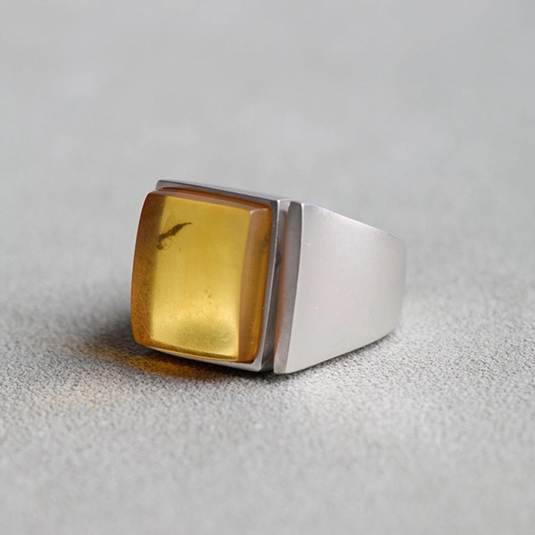Immortal Treasure  Fossil Amber Chunky Square Ring