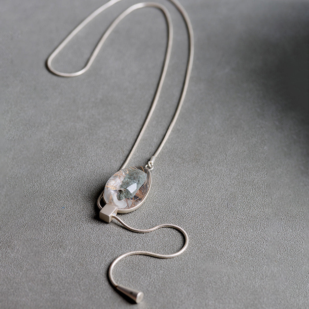 Dune Oasis Phantom and Rutilated Quartz Symbiosis Lariat Necklace