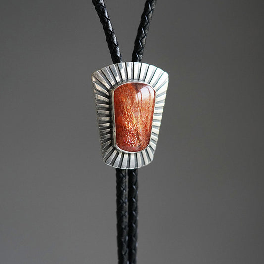 Square Sunstone Silver Bolo Tie For Men
