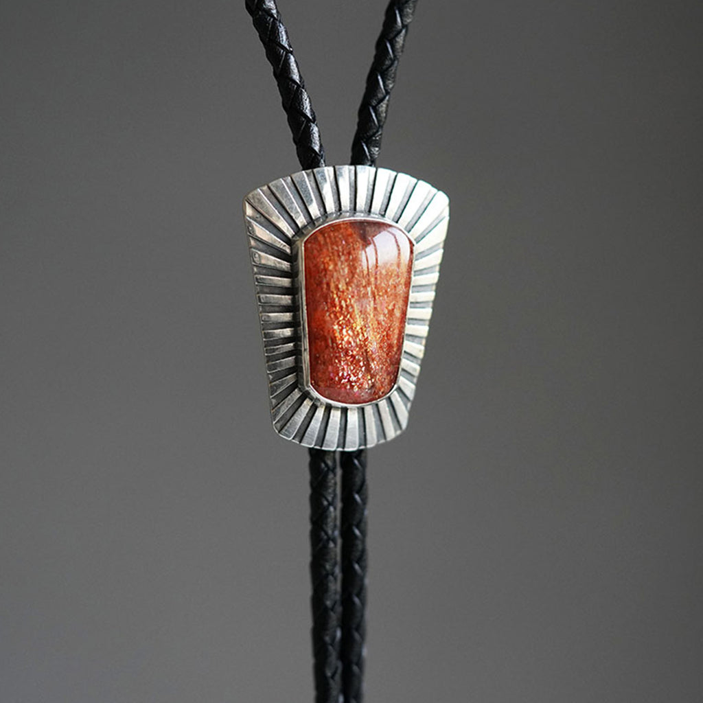 Square Sunstone Silver Bolo Tie For Men