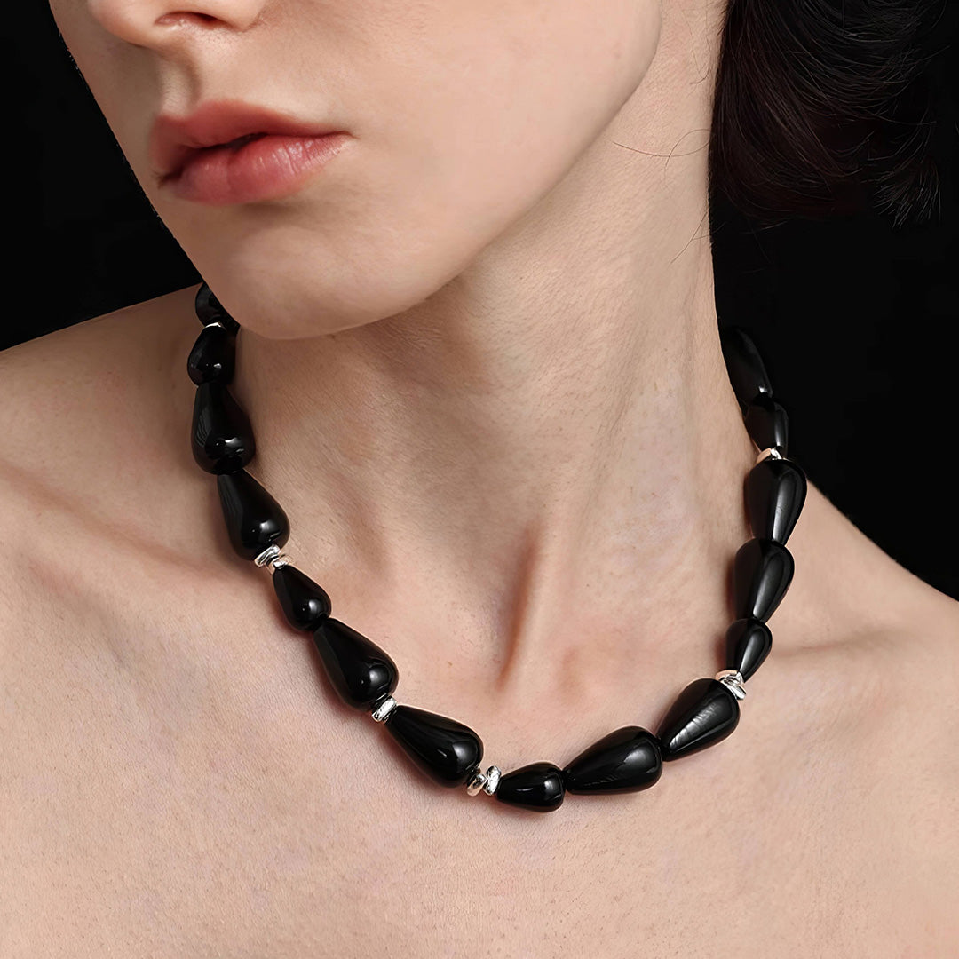 Minimalist Gradient Black Onyx  Bead Choker Jewelry Set