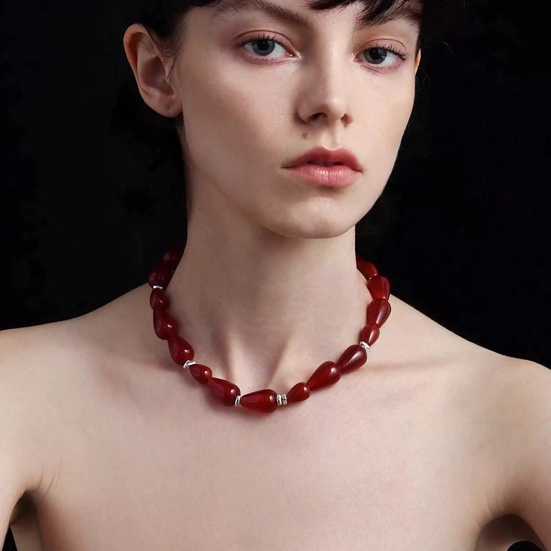 Minimalist Gradient Red Onyx  Bead Choker Jewelry Set